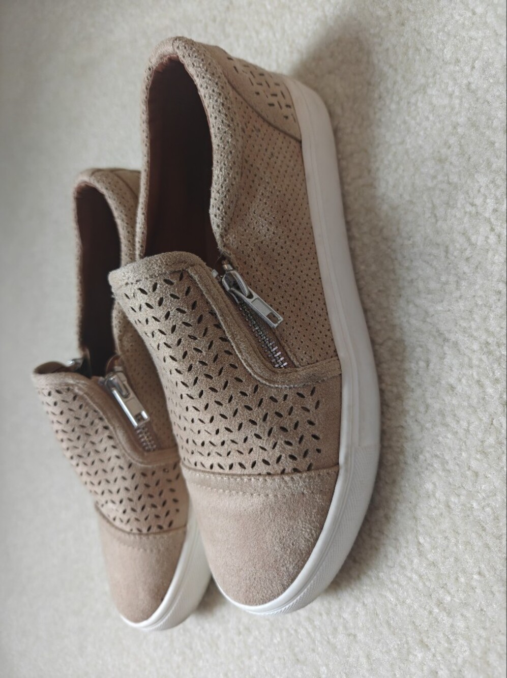 Report Taupe Perforated Suede Slip-On Sneakers with Side Zippers